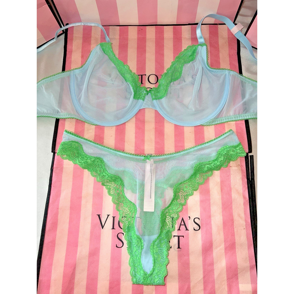 Victoria's Secret Bra Unlined Tease 34C Small Thong Blue & Lime Green